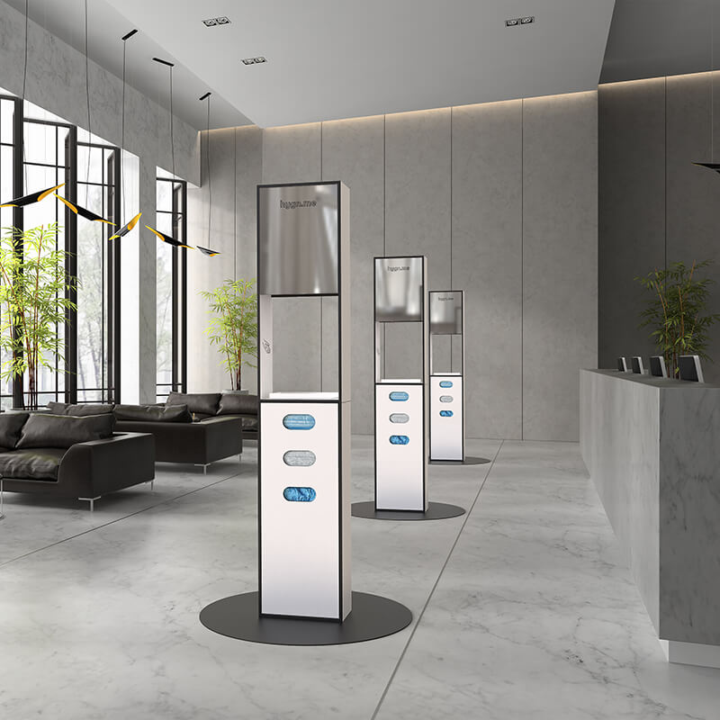 Design Hygienestationen und Desinfektionsspender: hygn.me Station 2 column dispenser sanitary Hygienestation freistehend in weiß mit Spiegel, Sensor zur kontaktlosen Desinfektion der Hände und Fächern zur Entnahme von Hygieneartikeln (Masken, Handschuhe, Tücher)