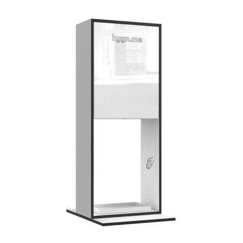 Design Hygienestationen und Desinfektionsspender: hygn.me Station 2 table dispenser Desinfektionsspender zum Aufstellen auf Tischen und Tresen in weiß mit Spiegel und Sensor zur kontaktlosen Desinfektion der Hände