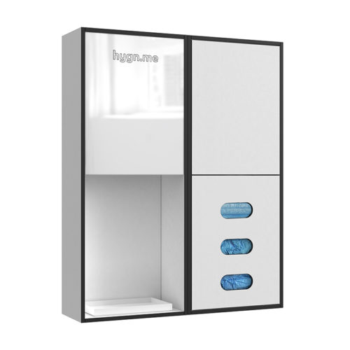 Design Hygienestationen und Desinfektionsspender: hygn.me Station 2 wall dispenser sanitary Hygienestation zur Wandmontage in weiß mit Spiegel, Sensor zur kontaktlosen Desinfektion der Hände und Fächern zur Entnahme von Hygieneartikeln