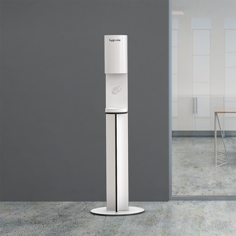 Design Hygienestationen und Desinfektionsspender: hygn.me Station 3 column Desinfektionsspender als Säule freistehend in weiß mit Sensor zur kontaktlosen Desinfektion der Hände