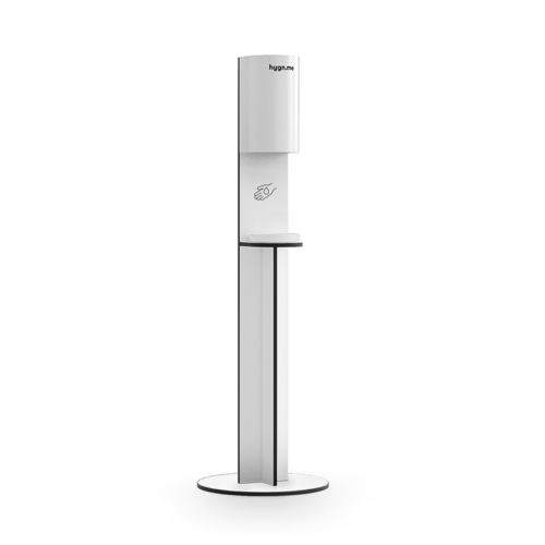 Design Hygienestationen und Desinfektionsspender: hygn.me Station 3 column Desinfektionsspender als Säule freistehend in weiß mit Sensor zur kontaktlosen Desinfektion der Hände