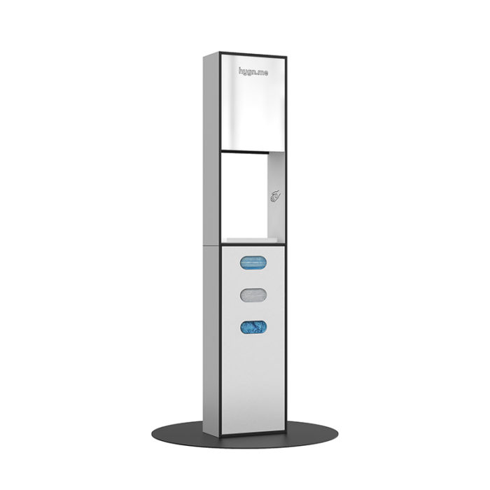 Design Hygienestationen und Desinfektionsspender: hygn.me Station 2 column dispenser sanitary Hygienestation freistehend in weiß mit Spiegel, Sensor zur kontaktlosen Desinfektion der Hände und Fächern zur Entnahme von Hygieneartikeln (Masken, Handschuhe, Tücher)