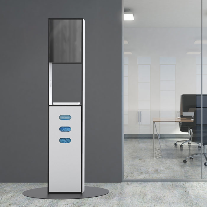 Design Hygienestationen und Desinfektionsspender: hygn.me Station 2 column dispenser sanitary Hygienestation freistehend in weiß mit Spiegel, Sensor zur kontaktlosen Desinfektion der Hände und Fächern zur Entnahme von Hygieneartikeln (Masken, Handschuhe, Tücher)