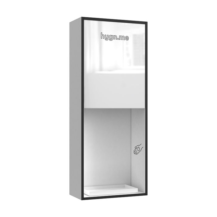Design Hygienestationen und Desinfektionsspender: hygn.me Station 2 wall dispenser Hygienestation zur Wandmontage in weiß mit Spiegel und Sensor zur kontaktlosen Desinfektion der Hände